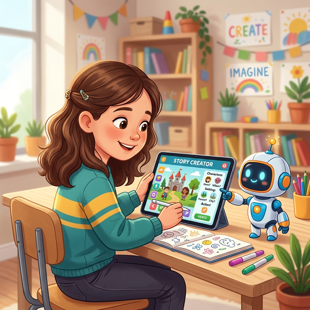 Écolière du primaire utilisant une tablette numérique pour concevoir une BD avec l'assistance d'un robot, CE2-CM1-CM2 atelier numérique enfants