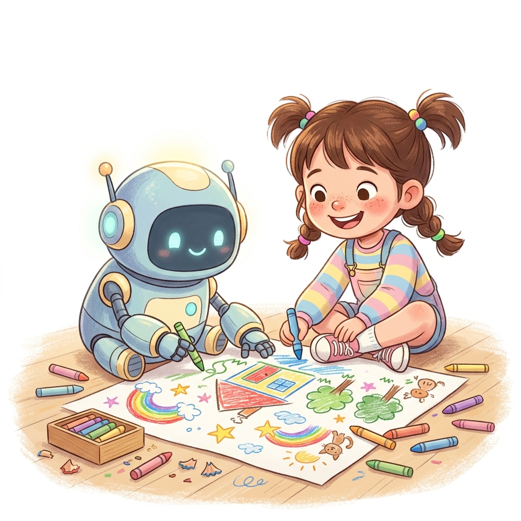 Robot amical dessinant sur papier avec des feutres avec une jeune fille, CP-CE1 initiation IA enfants