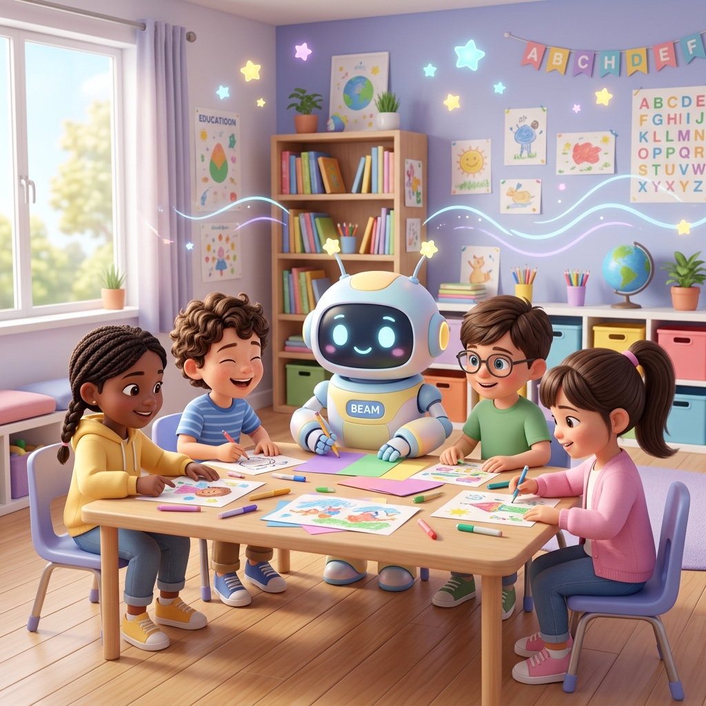 Enfants du primaire collaborant dans un atelier interactif avec un robot virtuel, éducation IA enfants