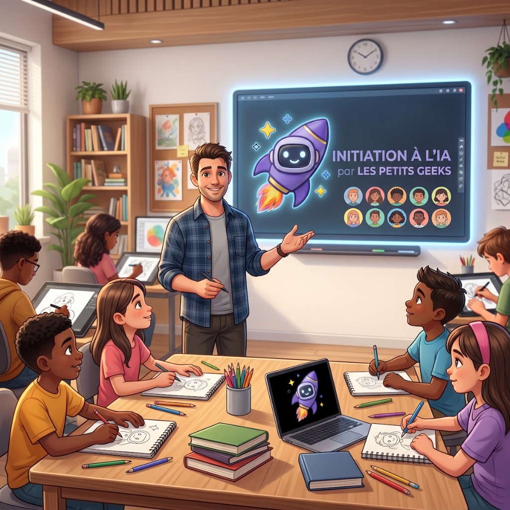 Intervenants animant un atelier d'IA pour Les Petits Geeks